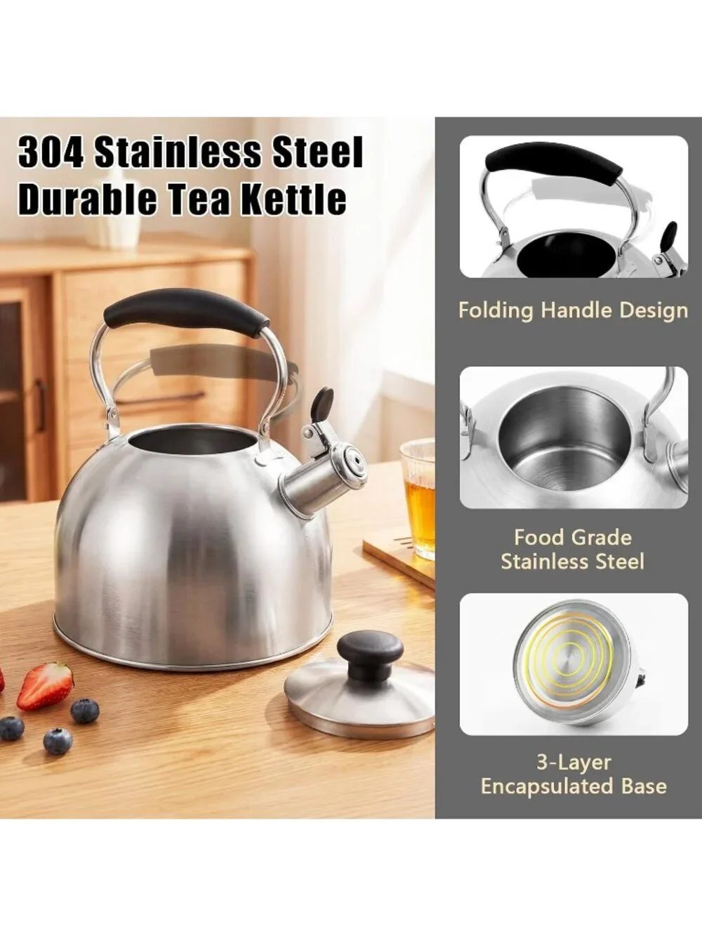 Silver Stainless Steel Whistling Tea Kettle 2.4L Stovetop Induction Gas Handle